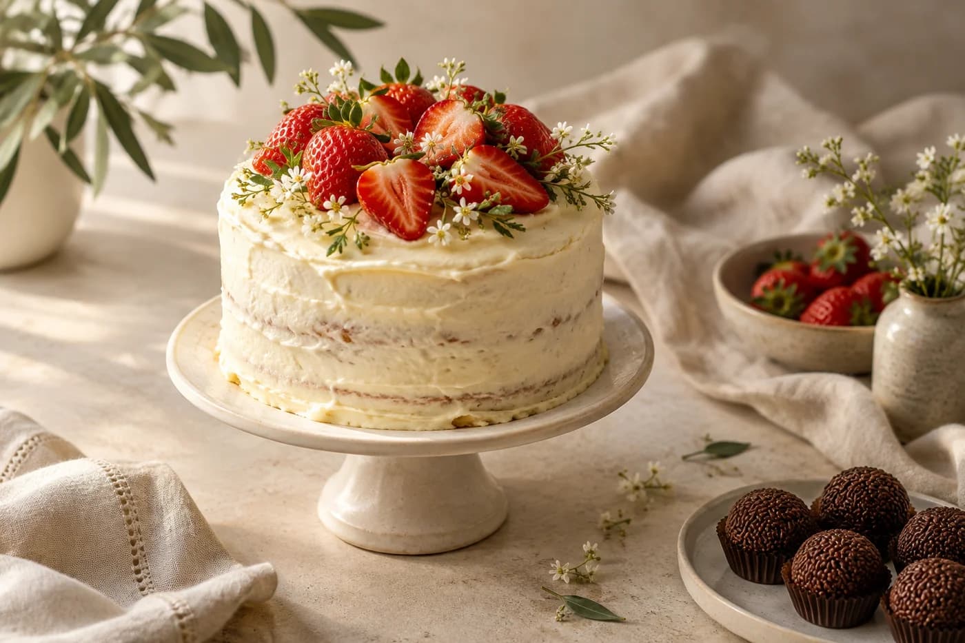 Bolo de morango e brigadeiros preparados com carinho